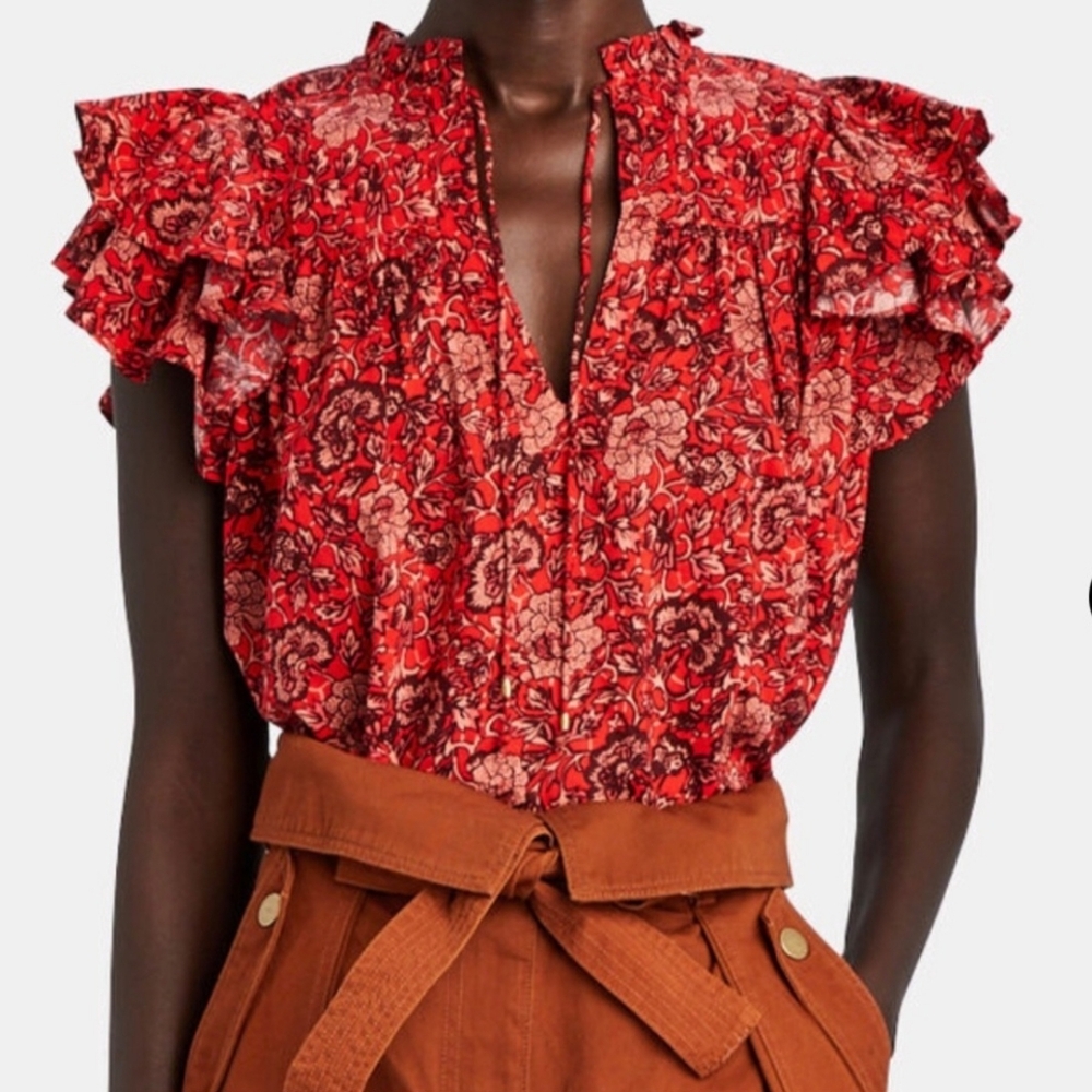 Ulla JOHNSON Floral Ruffle Sleeve Red Top